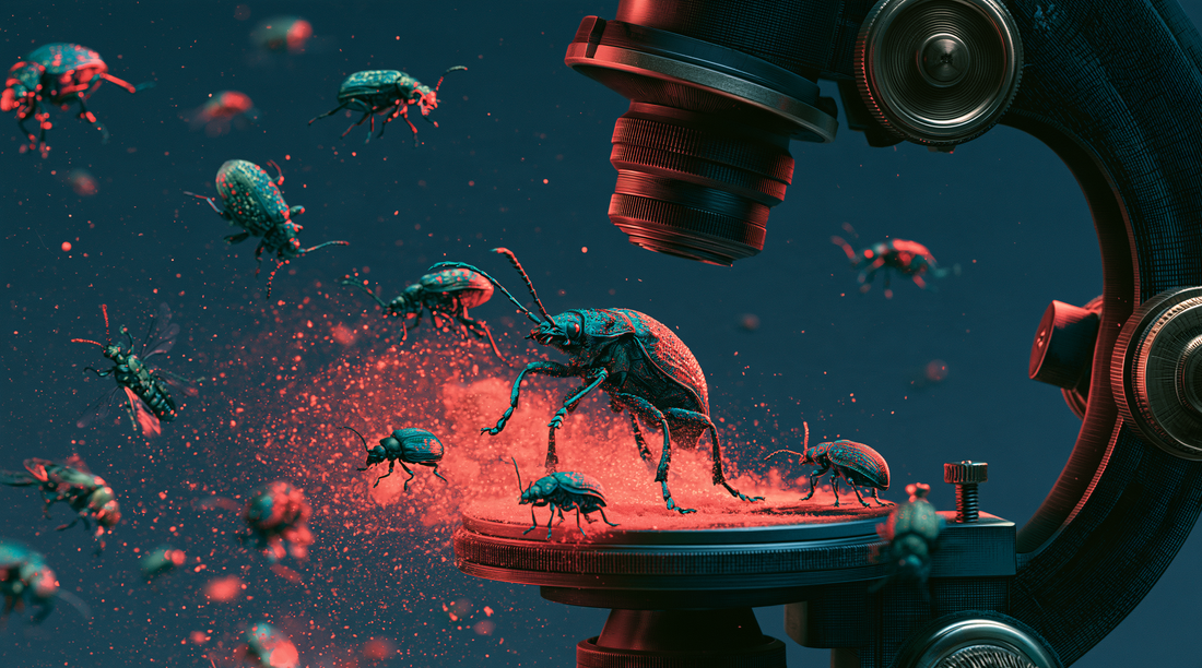 Surreal illustration of turquoise beetles floating around a microscope and standing on its stage amid glowing coral dust against a dark blue background.
