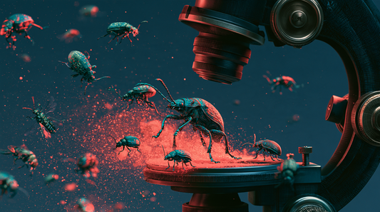 Surreal illustration of turquoise beetles floating around a microscope and standing on its stage amid glowing coral dust against a dark blue background.