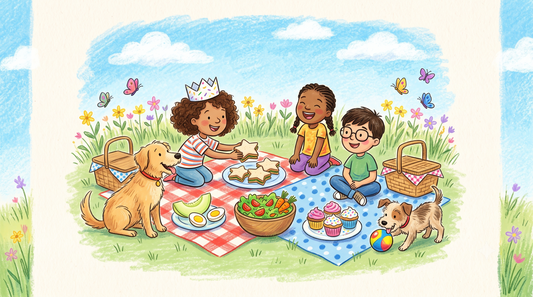Crayon-style illustration of adults, children, and dogs enjoying a colorful picnic in a sunny wildflower meadow with butterflies and a bright blue sky.