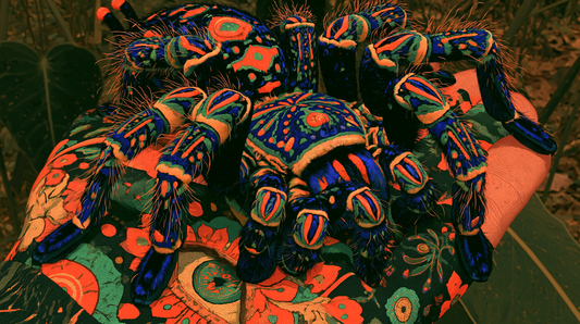 Surreal neon-coloured tarantula with intricate red, blue and green markings resting across a person’s hands against dark foliage.