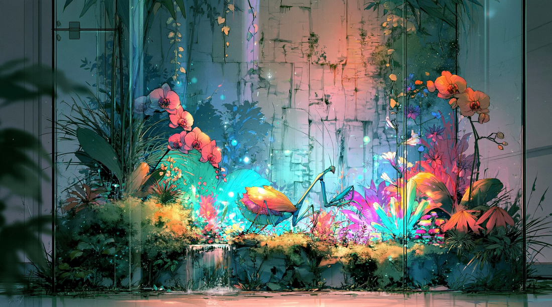 Glowing glass terrarium with a cork bark wall, jewel-toned tropical plants, moss, a small waterfall and a praying mantis.