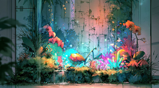 Glowing glass terrarium with a cork bark wall, jewel-toned tropical plants, moss, a small waterfall and a praying mantis.
