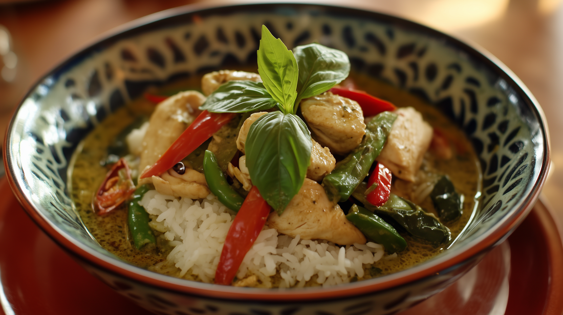 A vibrant and aromatic bowl of Thai green curry with tender pieces of chicken, nestled in a creamy coconut sauce with fresh herbs and colorful vegetables. The dish is garnished with basil leaves, red 