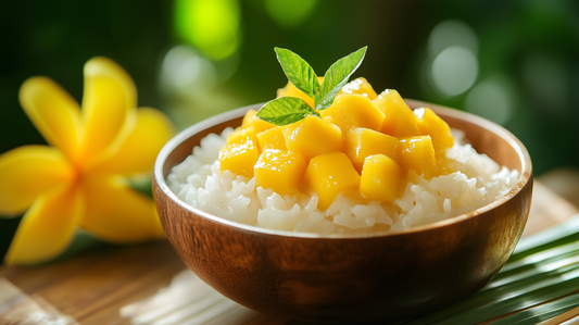 Create an image of a beautifully plated Thai Mango Sticky Rice (Khao Niaow Mamuang) arranged elegantly on a white dish. The dish should showcase bright, juicy slices of ripe yellow mango, nestled besi