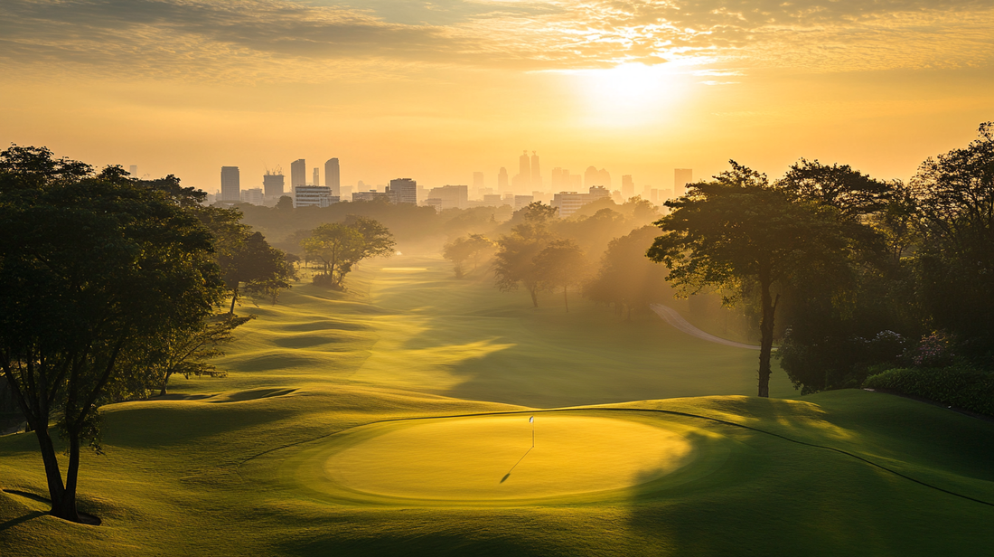 An expat golfer in Bangkok, smiling on a lush, well-maintained golf course. In the background, a modern Bangkok skyline with iconic landmarks like the Baiyoke Tower and golden temples. Nearby, an inte