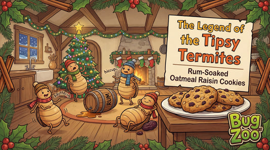 Illustrated holiday scene of cartoon termites in a cozy cottage kitchen with rum barrels, Christmas tree, and oatmeal raisin cookies - Bug Zoo recipe
