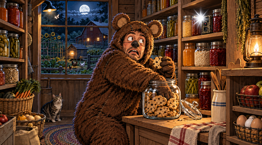 Man in a bear costume caught stealing cookies as a trail camera flashes from a shelf in a moonlit homestead pantry.