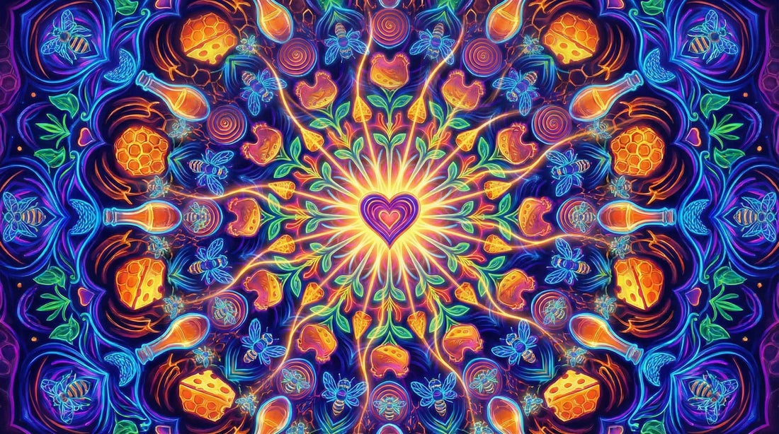 Psychedelic mandala with Valentine's homesteading theme featuring hearts, honeybees, chickens, honey jars, and cheese wheels in vibrant orange, purple, and blue kaleidoscope pattern