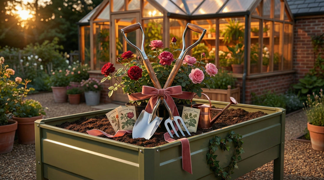 Valentine's gardening gift display featuring cedar greenhouse at sunset, olive green raised bed with garden trowels, seed packets, and red ribbon bow