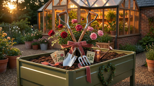 Valentine's gardening gift display featuring cedar greenhouse at sunset, olive green raised bed with garden trowels, seed packets, and red ribbon bow