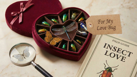 Velvet heart-shaped Valentine's box filled with colorful beetle and butterfly jewelry pins, magnifying glass, and Insect Love field guide book, gifts for bug lovers