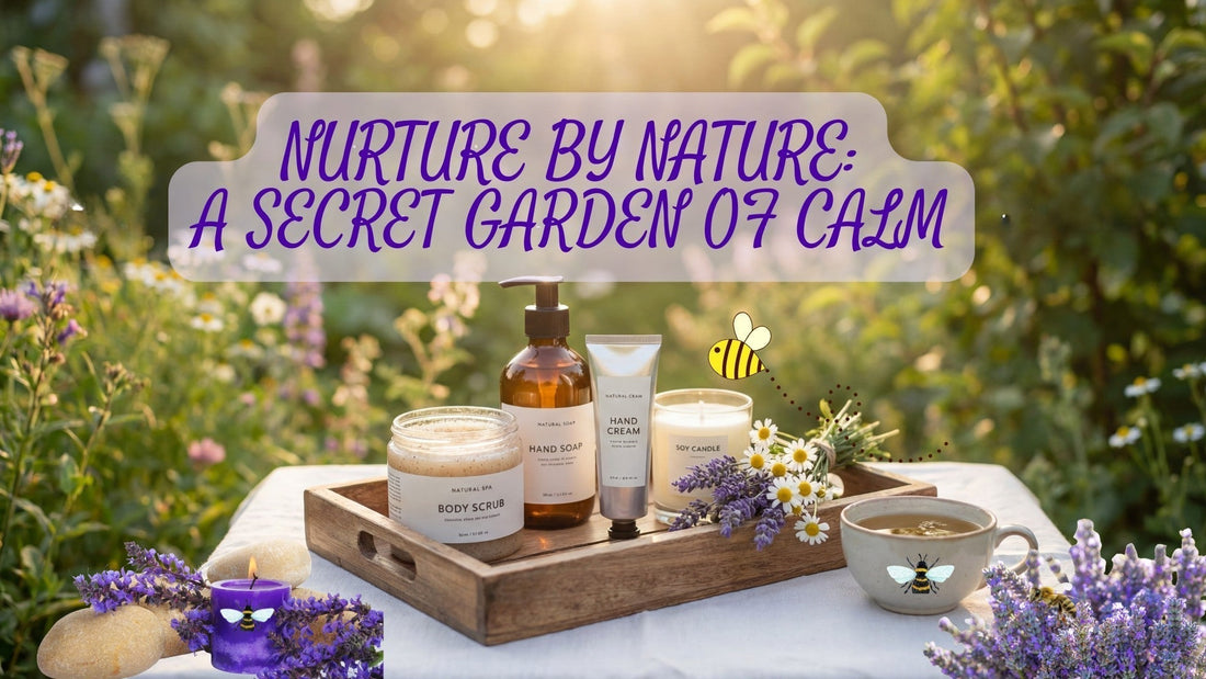 Vegan spa set on a wooden tray in a blooming garden, sunlight glowing behind. Keyword: self-care. Metaphor: a secret garden of calm.