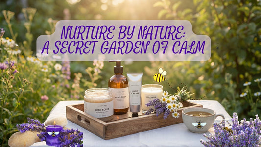 Vegan spa set on a wooden tray in a blooming garden, sunlight glowing behind. Keyword: self-care. Metaphor: a secret garden of calm.