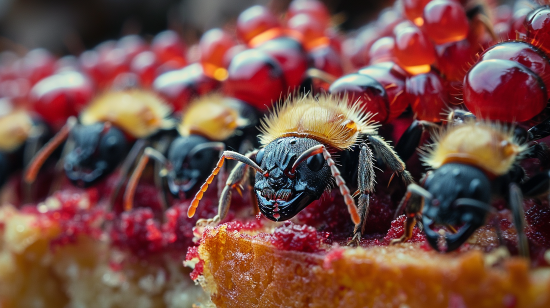 A gourmet red velvet cake elegantly decorated with edible sugar decorations to mimic the appearance of velvet ants, set on a fine dining table with a luxurious background.