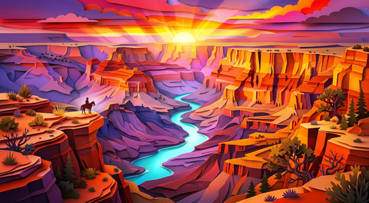 Vibrant paper-cut illustration of a turquoise river winding through orange and purple Grand Canyon cliffs beneath a glowing sunset.