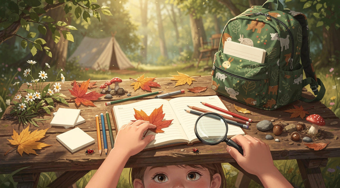 Young nature explorer uses a magnifying glass over an open field journal beside a woodland backpack, mushrooms, autumn leaves and ladybugs.