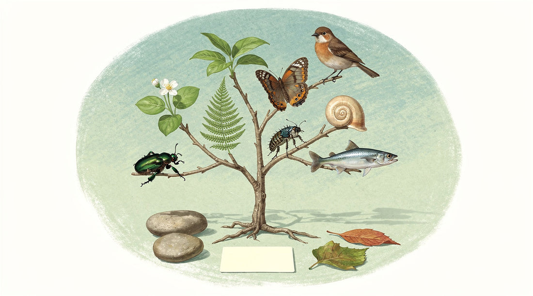 Vintage natural-history illustration of a branching tree with plants, insects, a snail, fish and bird.