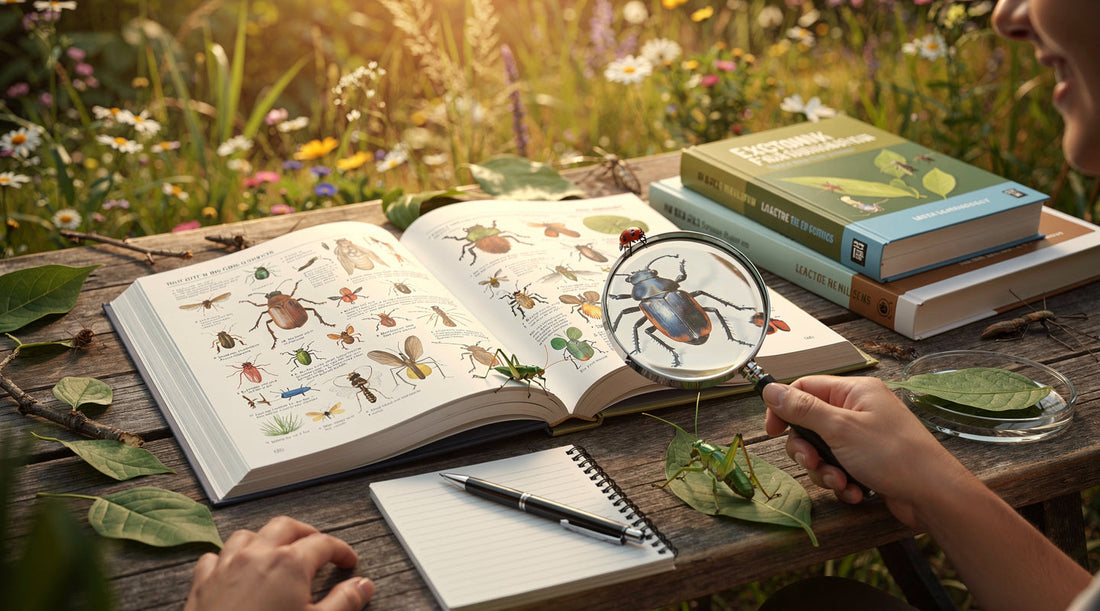 Open insect field guide, notebook, magnifying glass and live insects arranged on a wooden table in a sunny wildflower garden.
