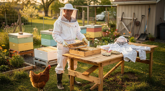 Beekeeper inspecting a hive frame beside protective suits and gloves in a backyard apiary.