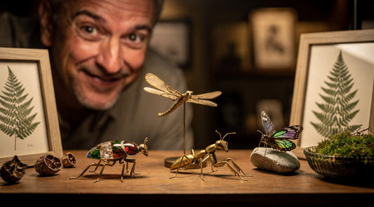 Collector smiles over jeweled beetle, brass mantis, dragonfly and butterfly sculptures on a warmly lit display table.