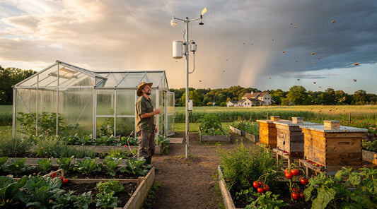 A homesteader beside a weather sensor mast, greenhouse, vegetable beds, and beehives under a changing sky.