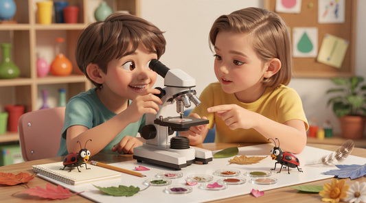 Two students use a compound microscope at a colorful science table with prepared slides, leaves, feathers, and playful lady beetle figures.