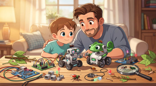 Father and son build nature-inspired robots beside circuit boards, beetles, leaves, and a magnifying glass.