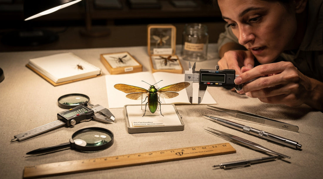 Entomologist measuring a large green beetle with digital calipers at a natural history worktable.