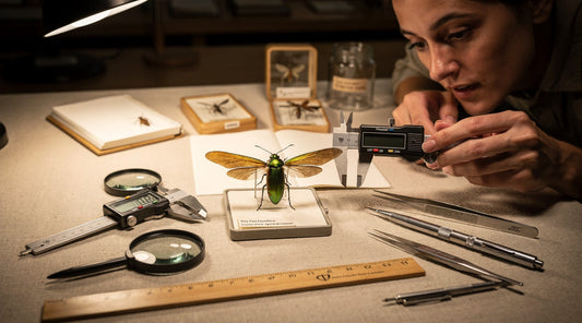 Entomologist measuring a large green beetle with digital calipers at a natural history worktable.