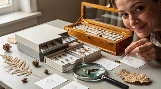 Collector arranging pinned insects beside storage drawers, a wooden display case, and a magnifying glass on a natural history worktable.