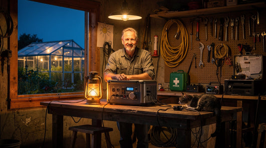 Homesteader with a portable power station, lantern, and resting cat in a workshop beside a lit greenhouse at dusk.