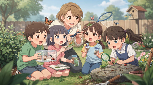 An illustrated adult and four children examine insects with a net, magnifying glass and viewing containers in a garden.