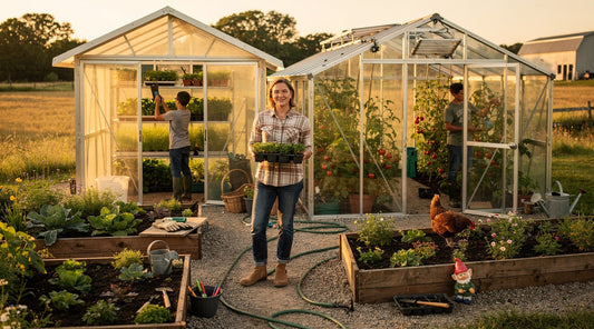 Woman holding seedling trays between two polycarbonate greenhouses and raised vegetable beds on a rural homestead.