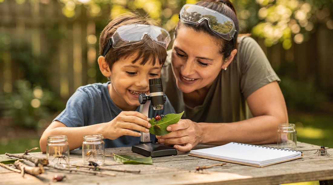 A child and adult smile as they examine a lady beetle on a leaf beside a microscope at an outdoor table.