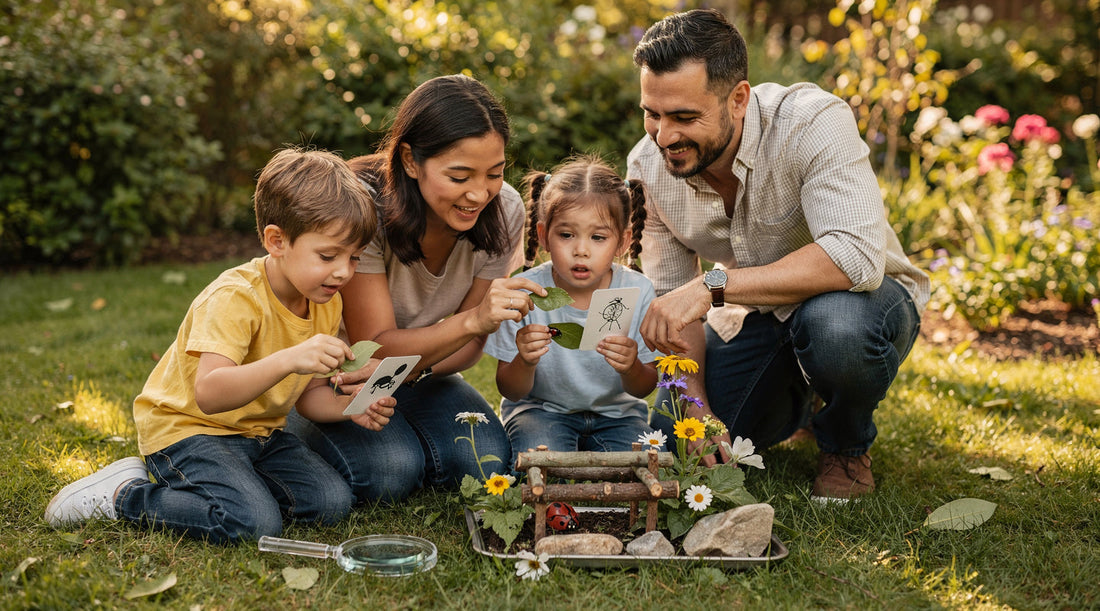 Family uses nature scavenger cards beside flowers, a magnifying glass and a small insect habitat in a garden.