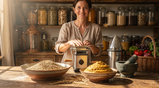 Manual and electric food mills on a homestead kitchen counter beside bowls of grain and puree.