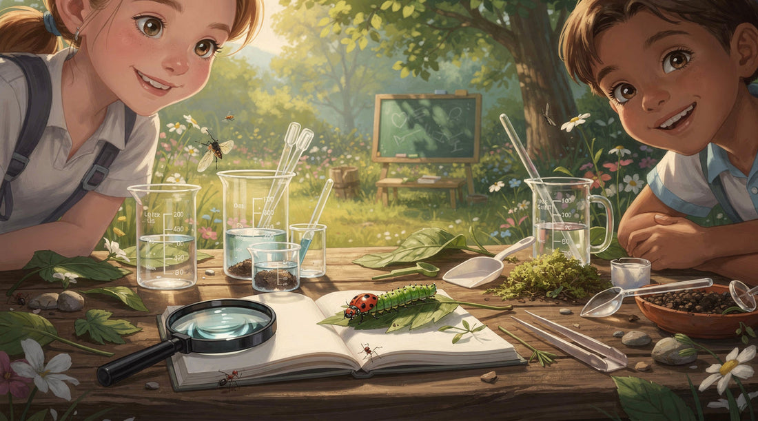 Two kids conduct outdoor science experiments with beakers, leaves, insects and a magnifying glass.