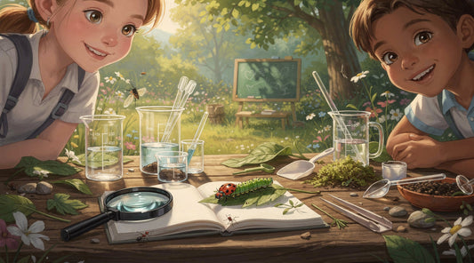 Two kids conduct outdoor science experiments with beakers, leaves, insects and a magnifying glass.
