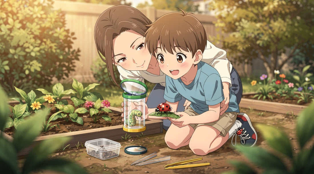 Illustrated adult and child examine a ladybug and caterpillar using a clear bug viewer beside a garden bed.
