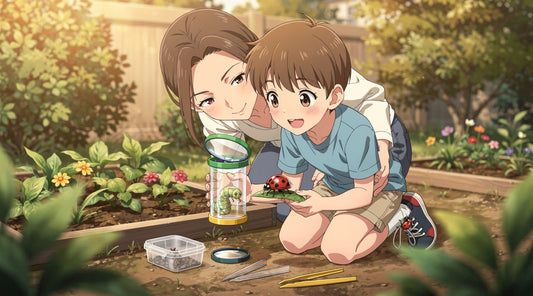 Illustrated adult and child examine a ladybug and caterpillar using a clear bug viewer beside a garden bed.
