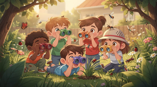 Children using colorful binoculars in a sunny garden surrounded by butterflies, lady beetles, dragonflies, and other insects.