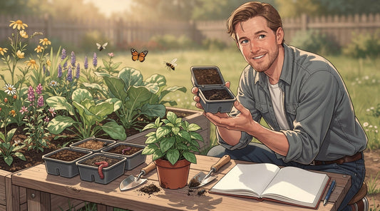 Homesteader examines soil samples beside seedlings, earthworms, garden tools and a pollinator-friendly vegetable bed.