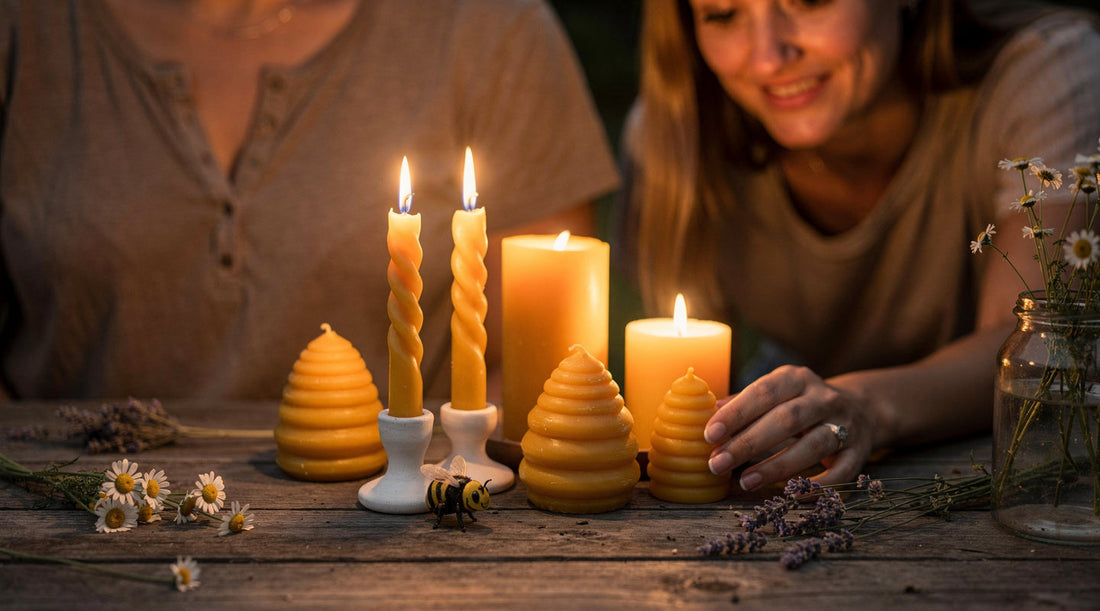 Beeswax candles, including beehive shapes, glowing on a rustic table with wildflowers as two women gather behind them.