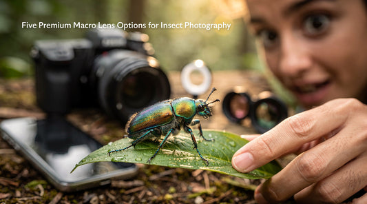 Jewel-toned beetle on a leaf beside a camera, smartphone and close-up lens as a woman reaches toward it.