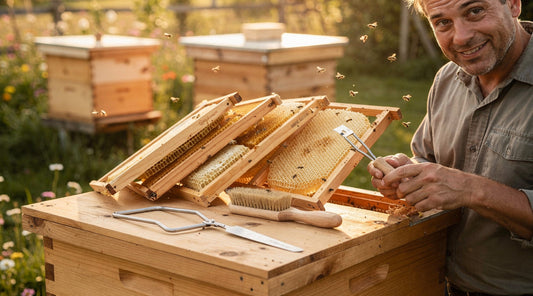 Beekeeper examines honey frames on an open hive beside a hive brush, frame grip and uncapping knife in a sunny backyard apiary.
