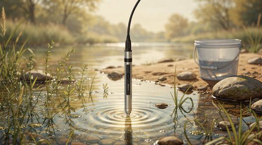 Optical dissolved oxygen probe suspended in a shallow stream beside a clear sampling bucket.