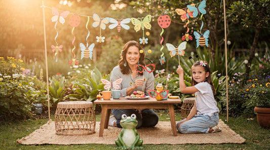 Woman and child enjoying a backyard garden party beneath colorful insect garlands, with bug-themed table decorations and a frog ornament.