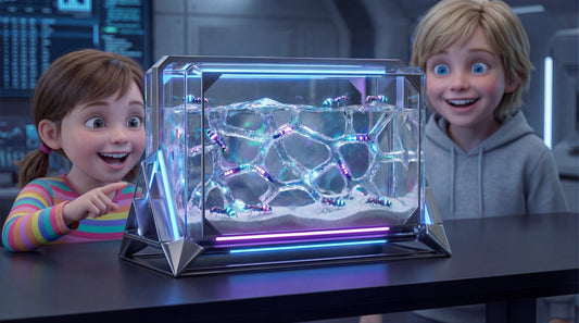 two kids watching an amazing futuristic ant farm