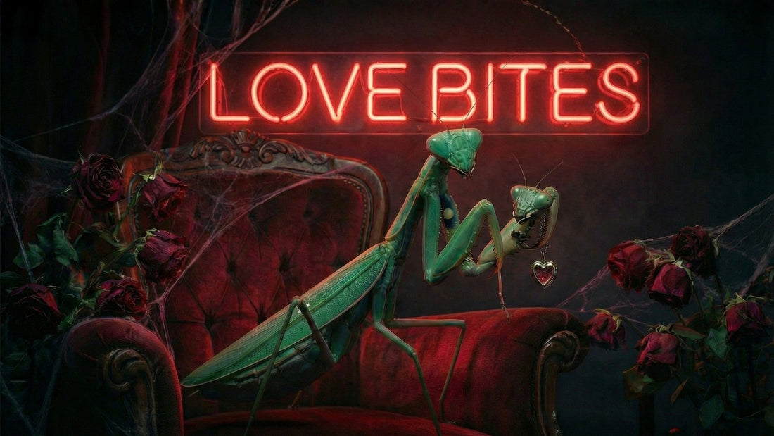 Green praying mantis holding a heart locket on a red velvet chair surrounded by dead roses and cobwebs, Anti-Valentine's Day theme