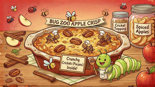 Illustration of Bug Zoo Apple Crisp: baked apple crisp topped with pecans, with a smiling caterpillar chef, apples and cinnamon on a wooden table, and jars labeled Spiced Apples and Cricket Topping.